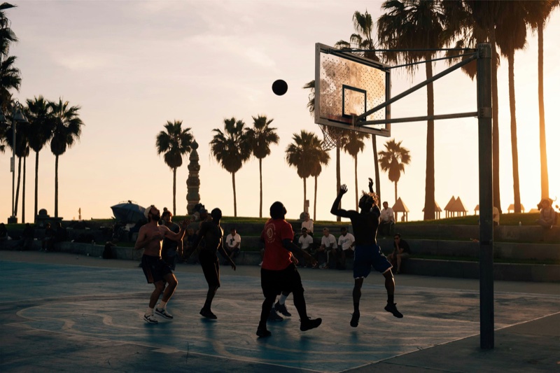 Basketball players under palm trees